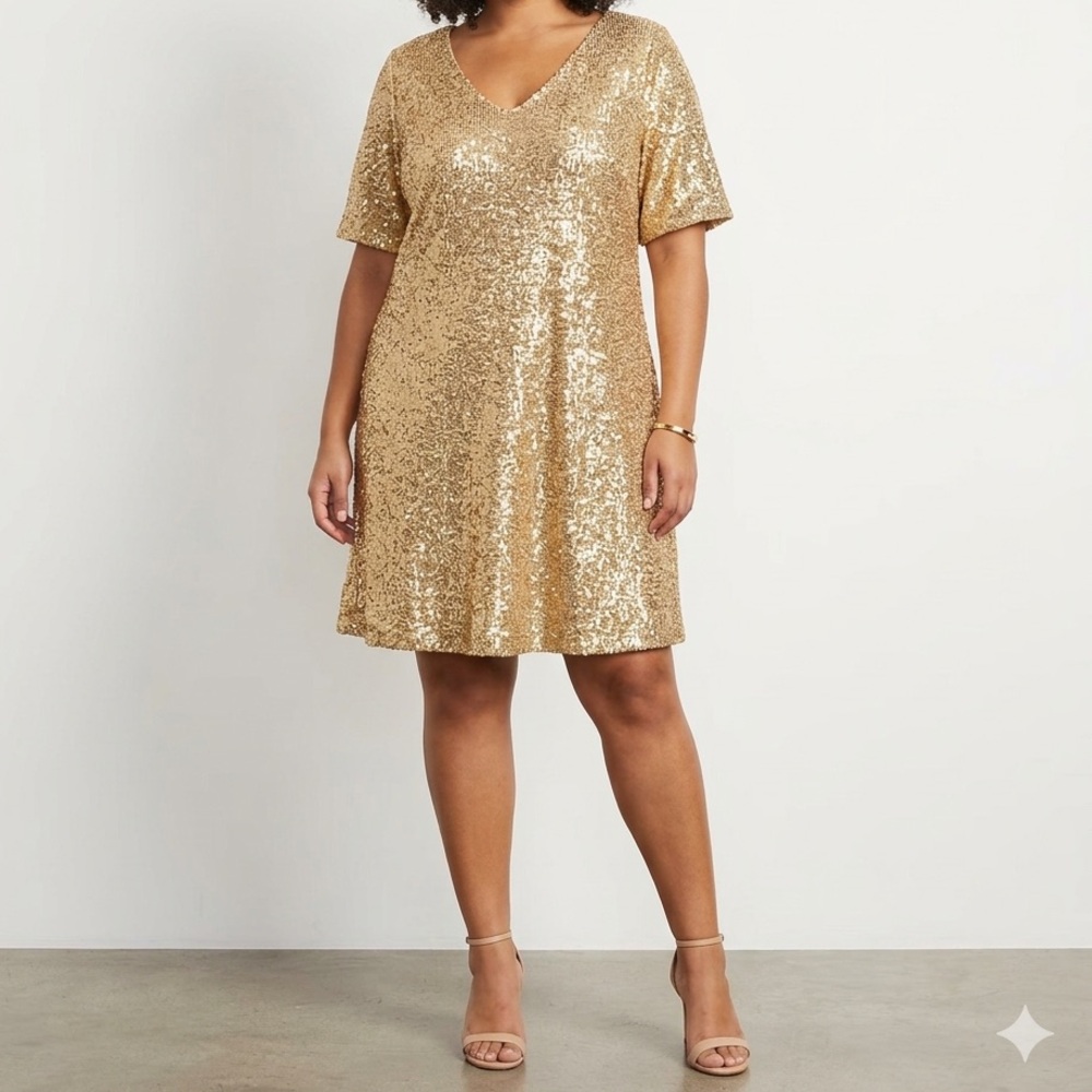 Ashley Stewart Gold Sequin Dress NWT Size 14/16 V-Neck Party Night Out❤️